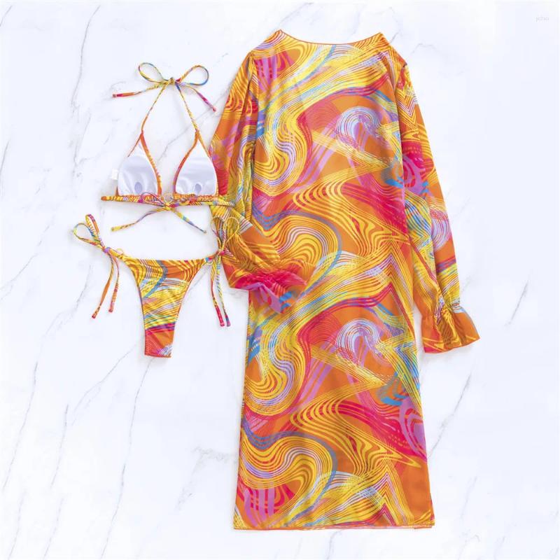 Womens Swimwear Bikini Set Sexy Geometry Striped With Kaftans Cover Up 3 Piece String Halter Swimsuit Bathing Suit Micro