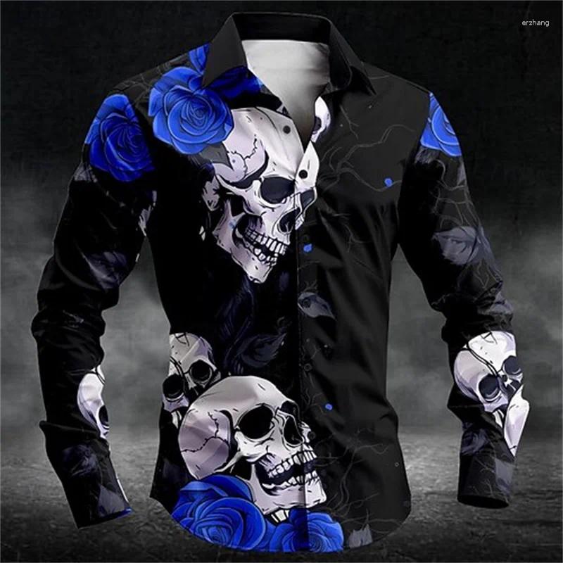 Men's T Shirts Rose Skull Casual Dark Button-Down T-Shirt Long Sleeve Party/Evening Wear Everyday Fall/Winter 3D Printing B2