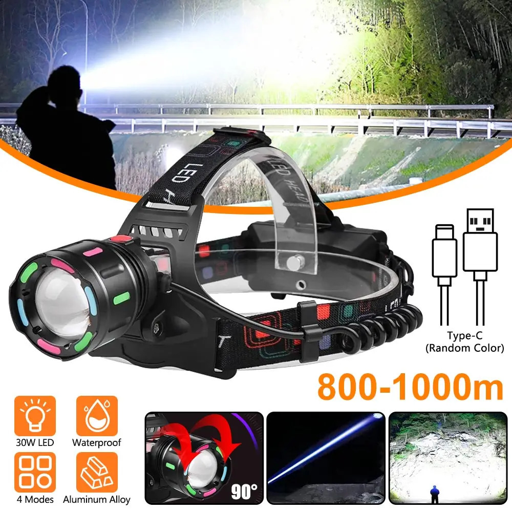 LED Headlamp Multifunction Camping Search Light Head Flashlight USB Rechargeable Powerful Head Lamp Front Lanterns Headlights 241119