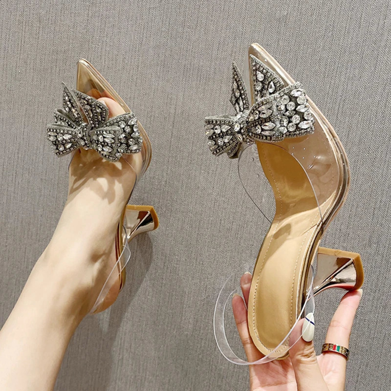 Liyke Fashion Crystal Sequined Bowknot Women Pumps Sexy Pointed Toe High Heels Wedding Prom Shoes Ladies PVC Transparent Sandals 241120