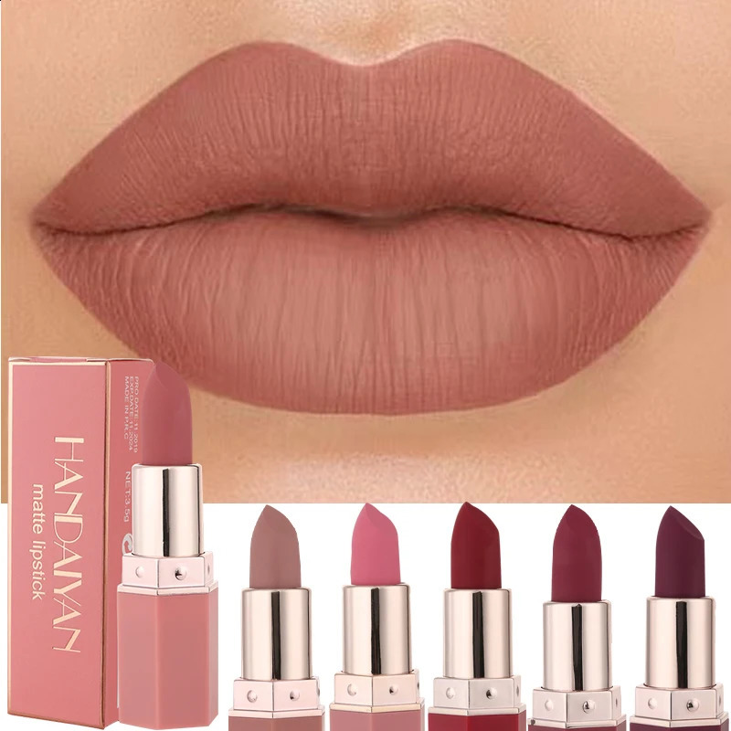 Handaiyan 6 Colors Matte Waterproof Velvet Nude Lipstick Sexy Red Brown Pigments Makeup Long Lasting Profissional 250809