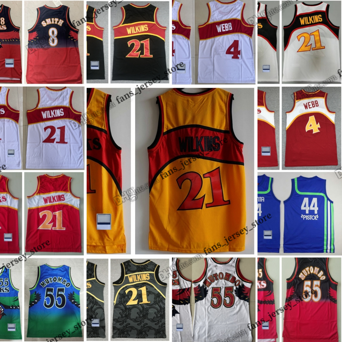 Kide Youth Women Basketball Jerseys 24 Kent 4 Spud 8 Steve Bazemore Webb Smith 21 Dominique 55 Dikembe Wilkins Mutombo Retro Jersey 1986-87