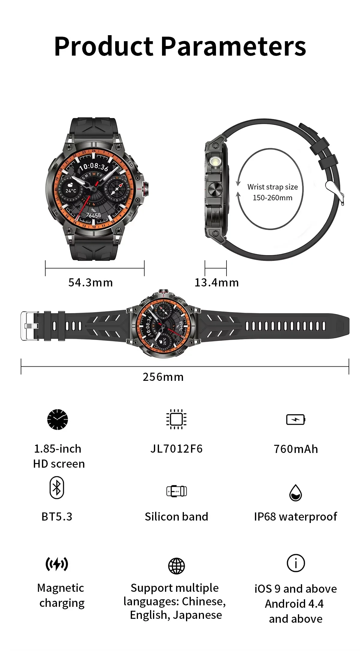 Men's Sporty Smart Watch with Built-in LED Flashlight & Compass - Fitness Tracking, Bluetooth Calls & AI Voice Assistant
