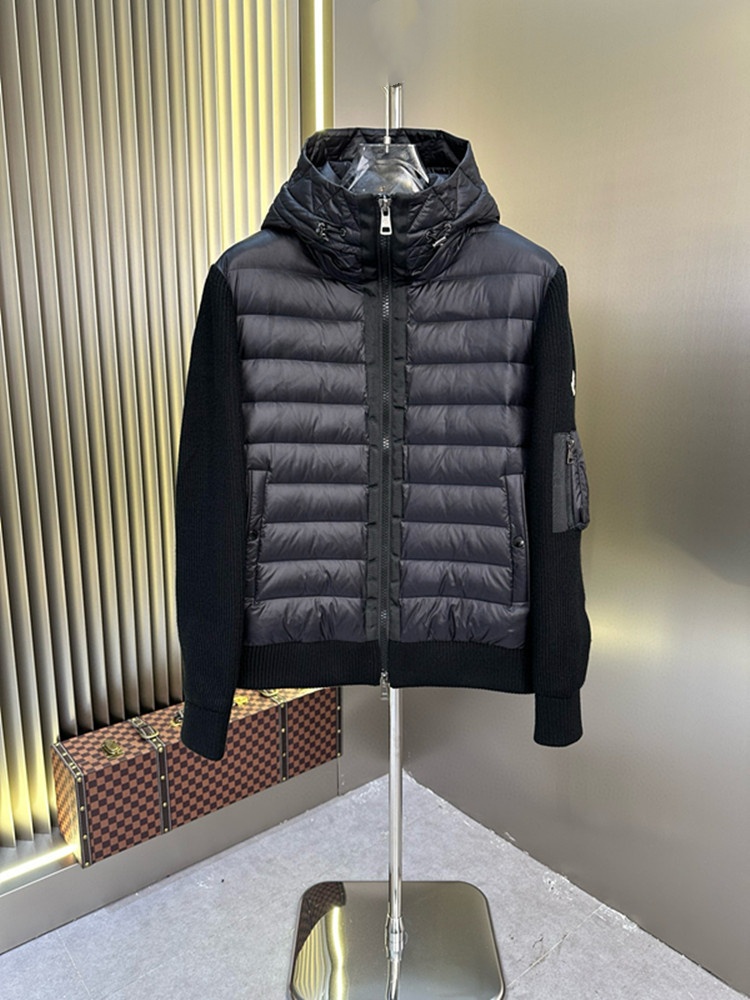 Men's Spliced Urious Designer Coat, Stand Up Collar Hooded Knitted Down Jacket, Lightweight Casual Sweater