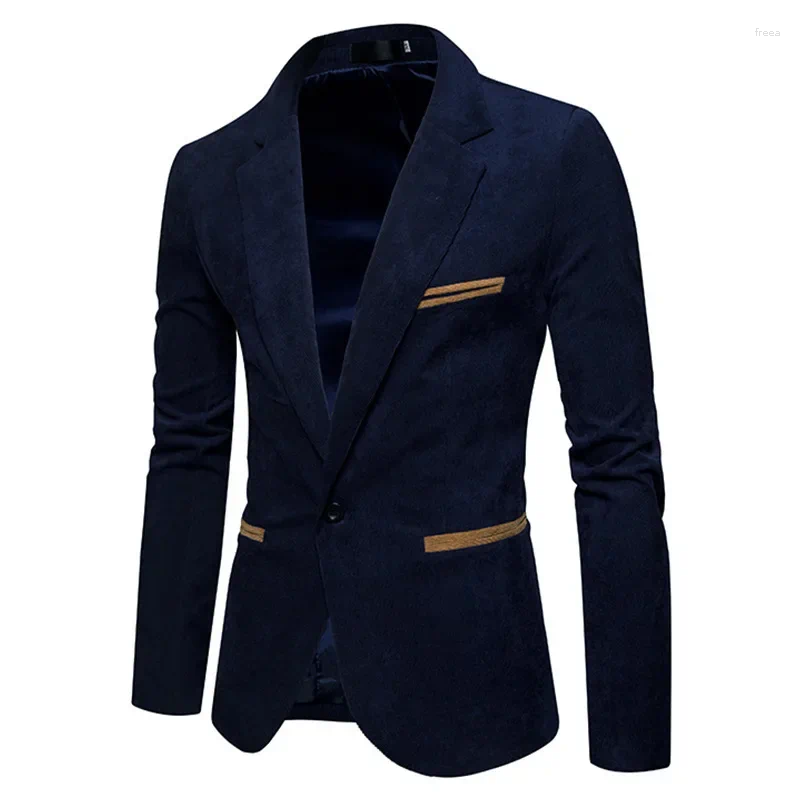 Men's Suits Spring And Autumn Fashion Corduroy Slim Single Button Suit Jacket Casual Spell Color Small Young Man B4
