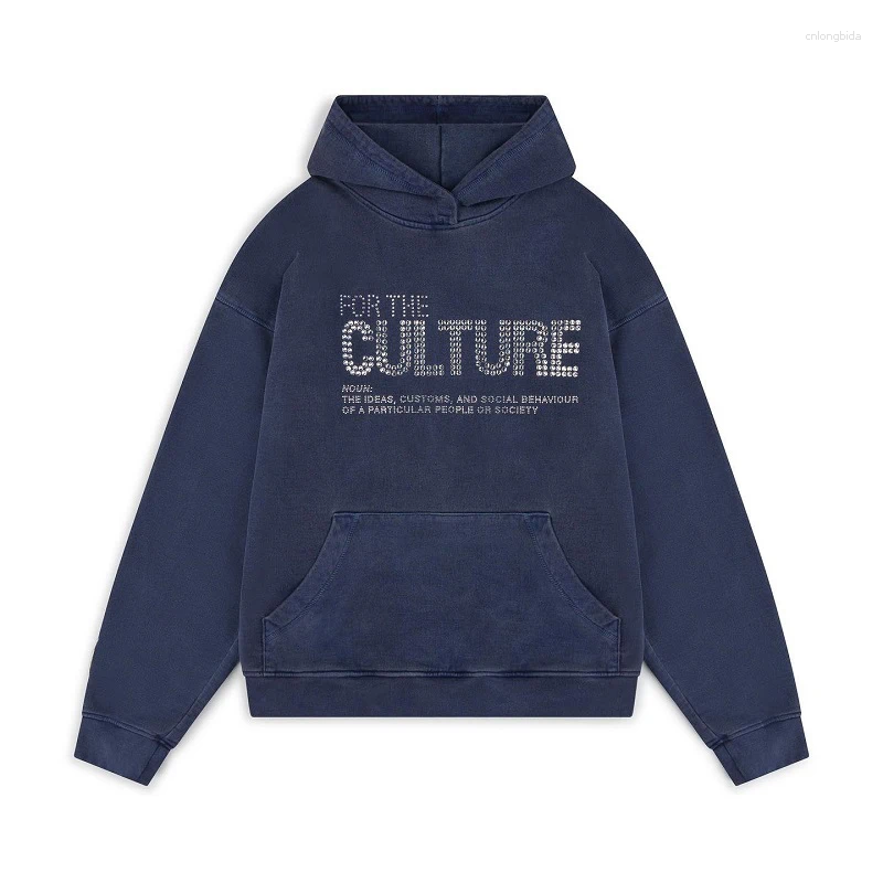 Womens Hoodies Navy Blue Rhinestone Hoodie Loose And Warm Letter Diamond Fashionable Personalized Retro Style