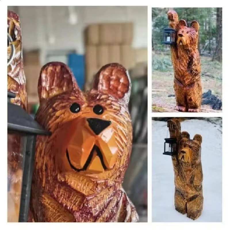 Cedar Carved Bear with Solar Lantern LED Cedar Wood Carved Bear with Solar Lanterns Resin Lantern Bear Sculpture Decoration 241119