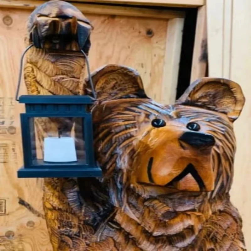 Cedar Carved Bear with Solar Lantern LED Cedar Wood Carved Bear with Solar Lanterns Resin Lantern Bear Sculpture Decoration 241119