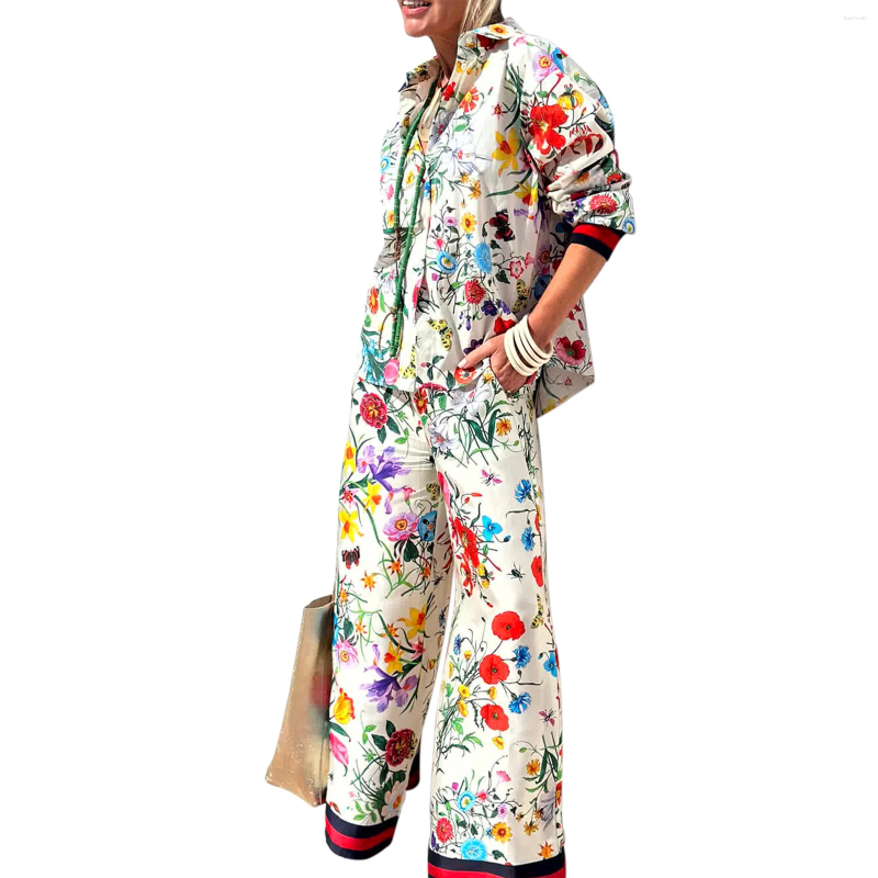 Womens Two Piece Pants Combhasaki Vintage 2 Pieces Aesthetic Floral Print Outfits Set Long Sleeve Button Down Lapel Shirts Wide Leg