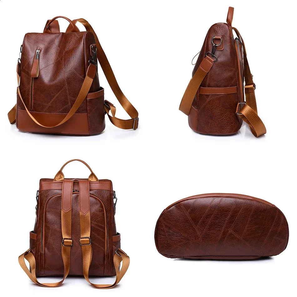 College Women Backpack Soft Leather Vintage Packbag Female Travel Back Pack School Bags for Teenage Girls Shoulder Bag y241115