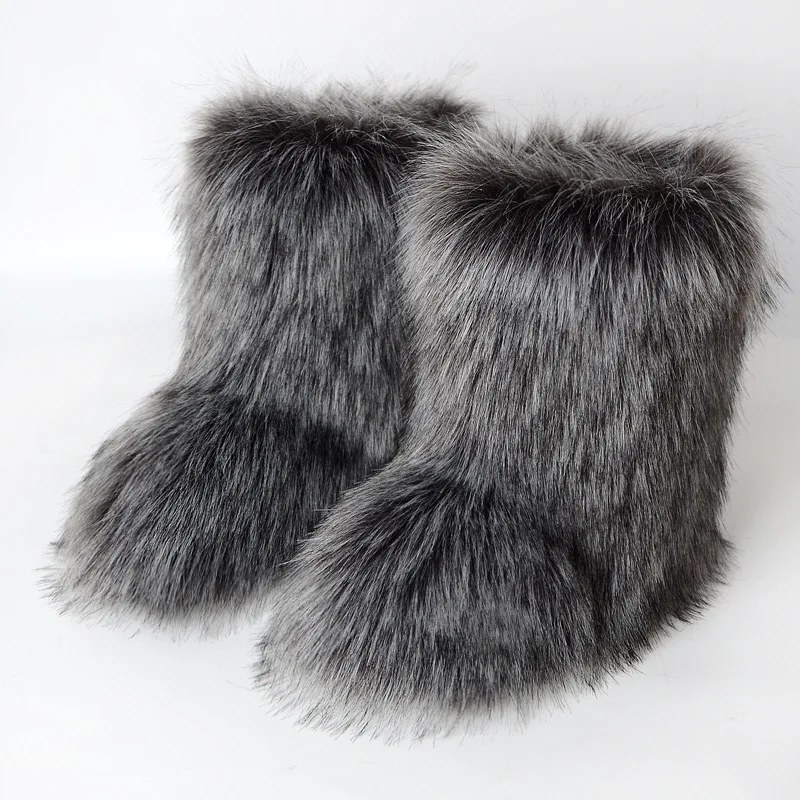 2024 New Winter Faux Fur Boots Women Warm Fluffy Snow Boots Luxury Footwear Female Furry Fox Fur Bottes Fashion Winter Shoes
