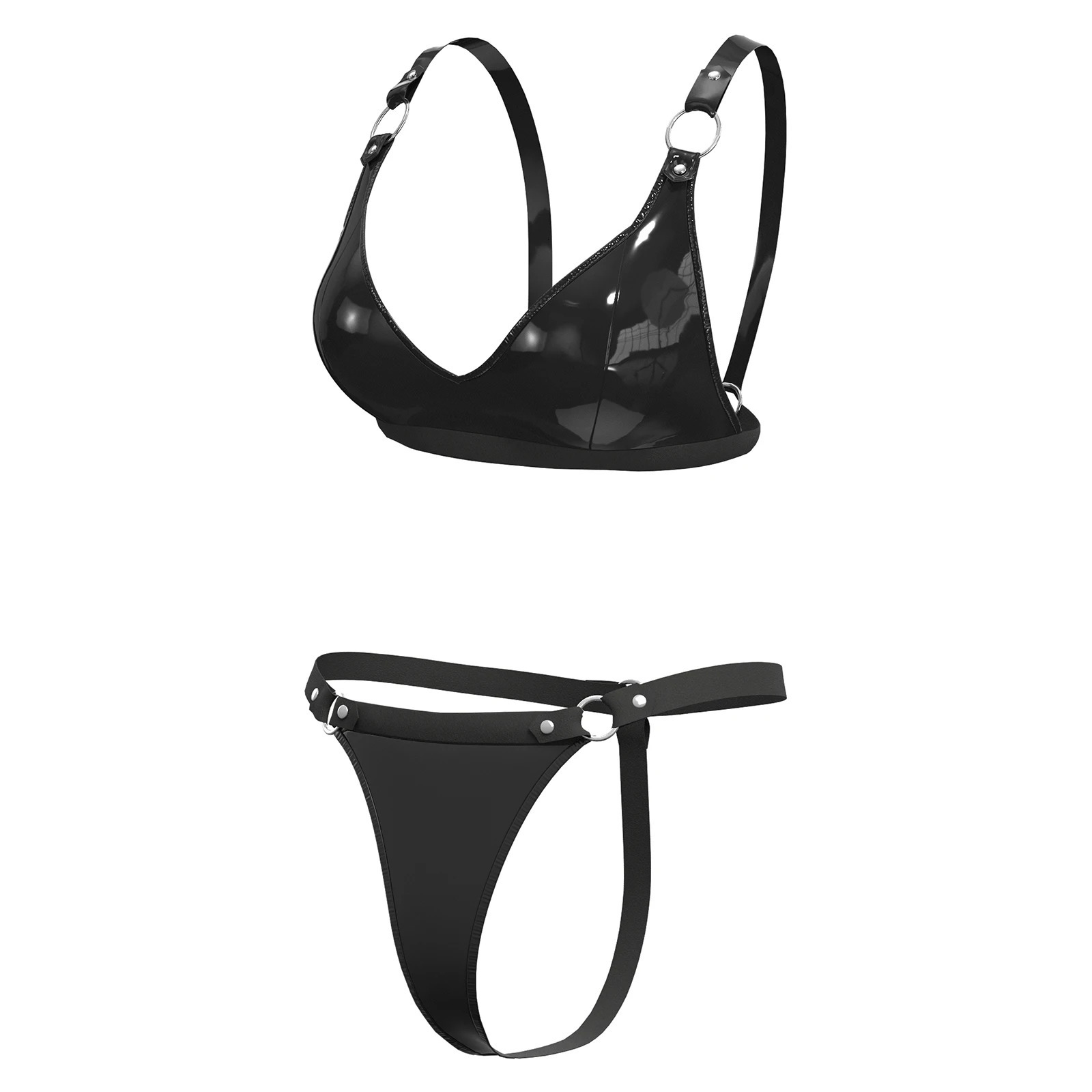 Women Sexy Leather Lingerie Set Wetlook Faux Leather Underwear High-Elastic Erotic Below Shorts Wire-free Sexy No Pad Bra Sexi 240419