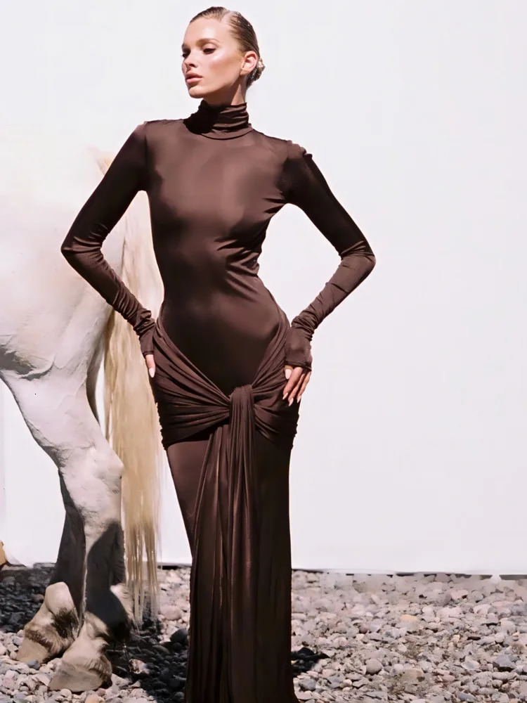 Articat High Neck Long Sleeve Bodycon Dress For Women Tight Elastic Lace Up Maxi Long Dress Autumn Party Club Vestidos 240419