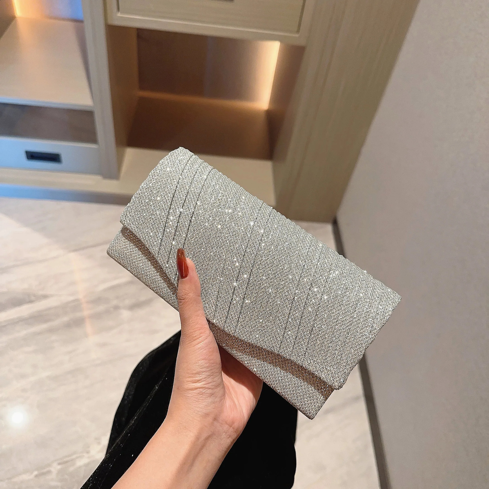 Womens Pleated n Sparkling Evening Bag Flap Dress Party Prom Wedding Clutch y241115