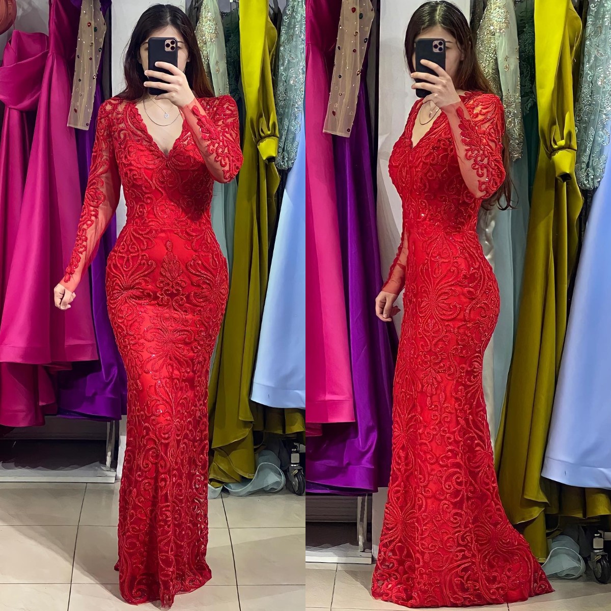Elegant Red Mermaid Muslim Evening V Neck Beading Lace Illusion Long Sleeves Turkish Kaftan Dress Special Ocn Formal Dresses For Women Lz0304