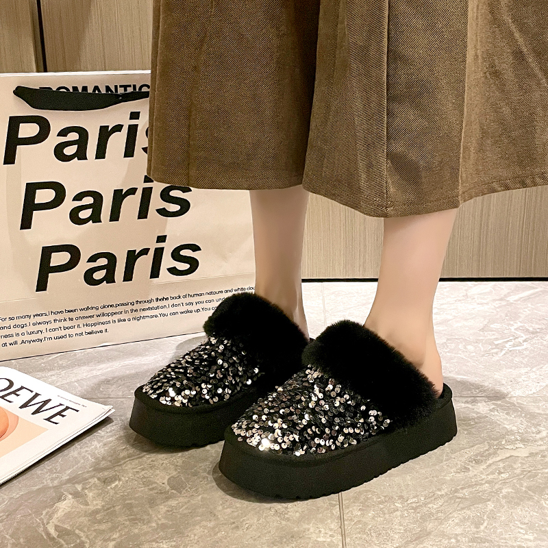 Winter New Warm 4.5CM Platform slipper Black Bling Sequined Cloth Wool Lined Women Fashion Warm shoes Luxurious shiny Cotton boots High quality home c