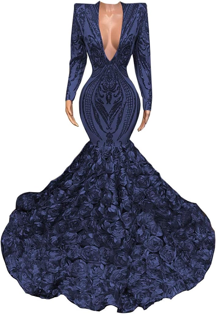 Sexy Mermaid Sequined V-Neck Prom Dresses Long Sleeve Party Dresses Champagne Flowers Sweep Train Formal Occasion Dress Evening Dresses for Women