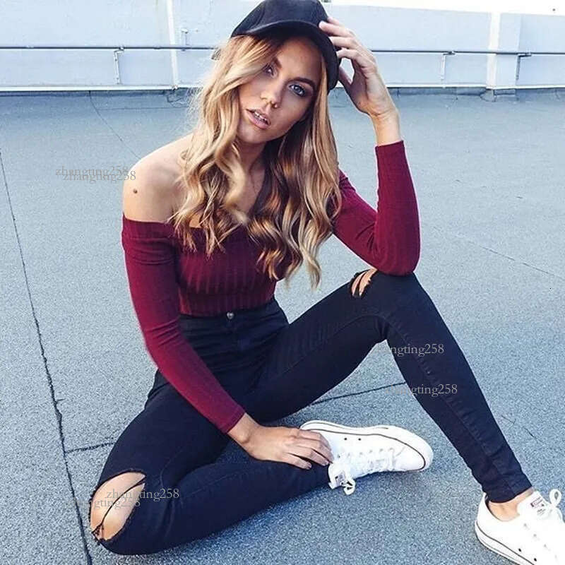 Wholesale- 2016 New Autumn Women Cotton Off the Shoulder Bra Strapless Long Sleeve Bodycon Short FemaleT-shirts Tops harajuku