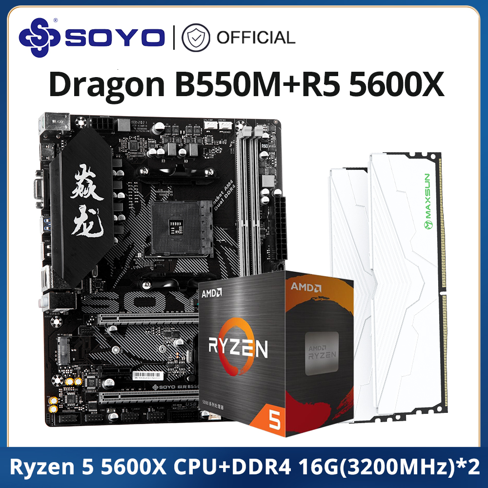 SOYO B550M Motherboard Set with Ryzen 5 5600X CPU DDR4 16GBx2 3200MHz RAM for Desktop Computer Gaming Motherboard Combo
