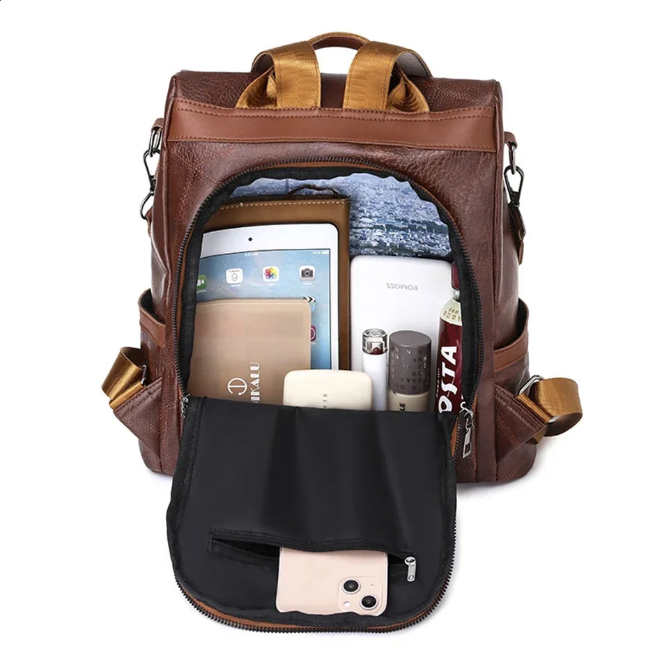 College Women Backpack Soft Leather Vintage Packbag Female Travel Back Pack School Bags for Teenage Girls Shoulder Bag y241115