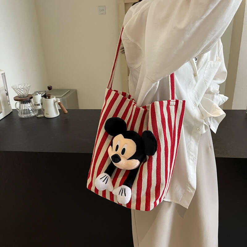 Cartoon Cute Underarm Women's Striped Canvas One Shoulder Bucket Large Capacity Classroom Commuter Tote Bag