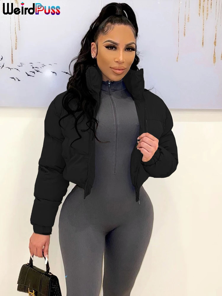 Weird Puss Winter Down Jacket Women Casual Thick Bubble Coat Warmth Zip Pocket Cropped Puffer Parka Streetwear Trend 241119