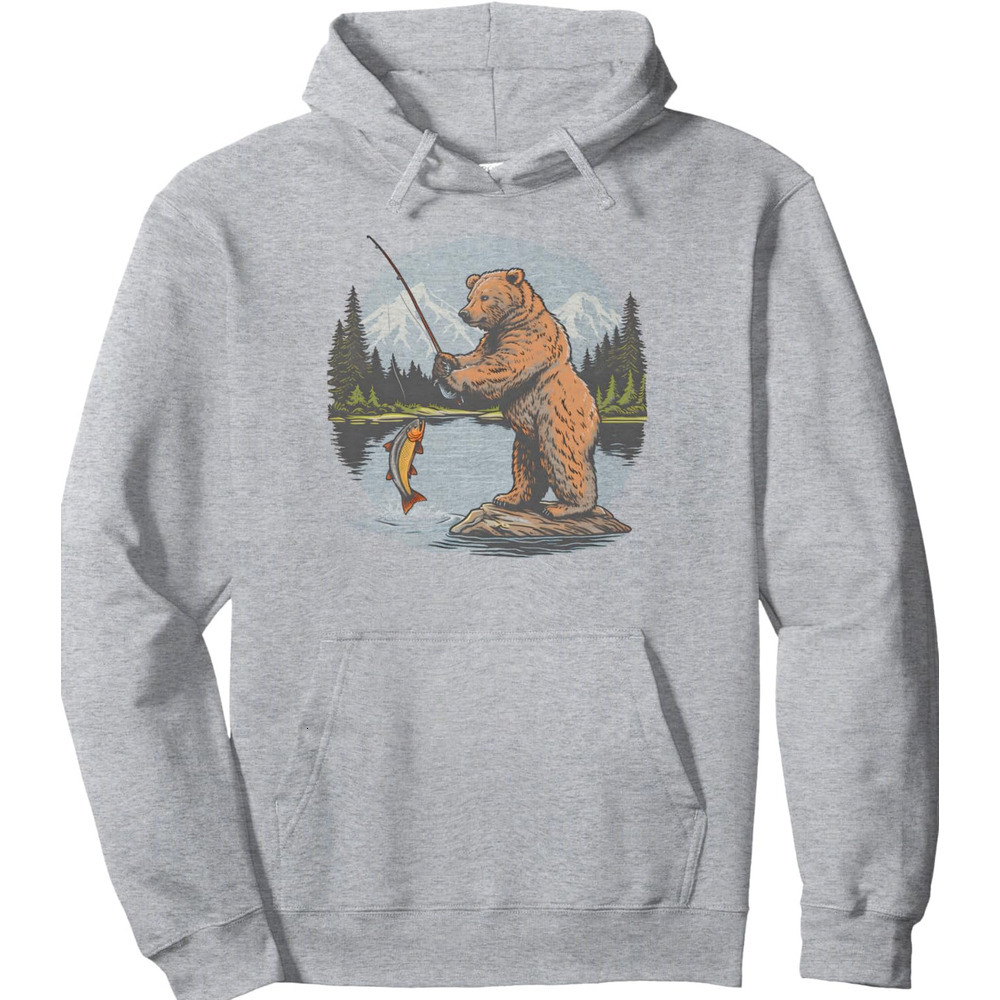Hoodie for Mens Womens Fishing Bear Catching Fish Fisherman Lake Gift Pullover Hoodie Graphic Hoodies sweatshirt cool