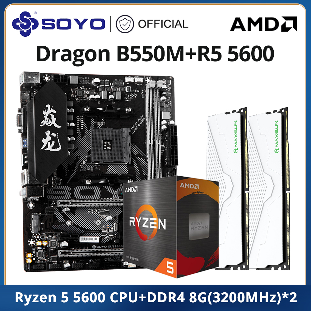 SOYO Full New Dragon B550M with AMD Ryzen 5 5600 CPU Motherboard Set Dual-channel DDR4 8GBx2 3200MHz RAM Computer Gaming Combo