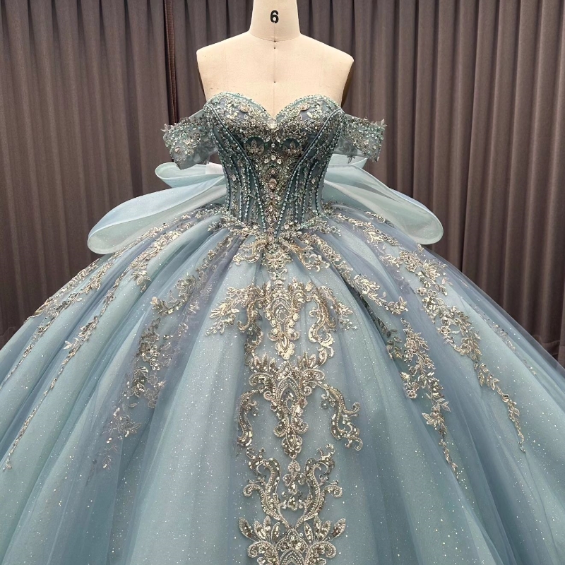 Luxury Light Sea Blue Shiny Quinceanera Dresses Crystals Beading Applique Bow Tull Vestidos De 15 Anos Birthday Party Corset Sweet 16 Dress