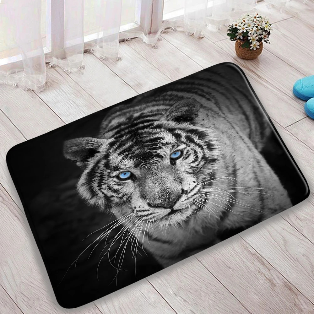 Black White Tiger Shower Curtain Set Wild Animal Gazing Modern Home Bathroom Decor Carpet Non-Slip Rug Bath Mat Toilet Lid Cover 241119