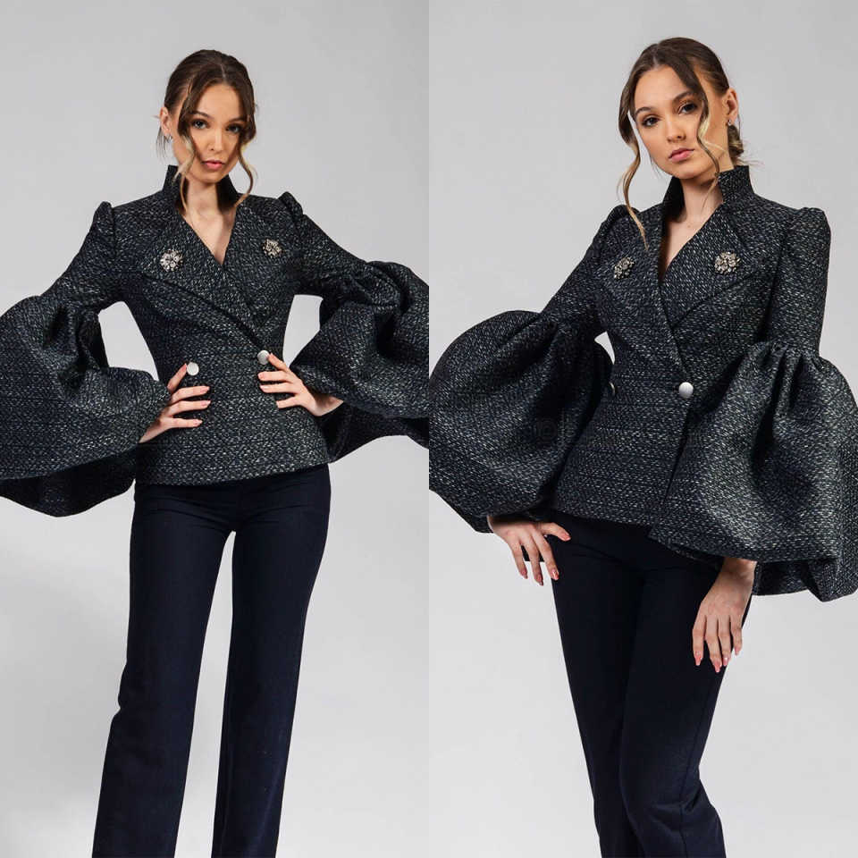 Unique Design Women Blazer Dress Big Puff Sleeve Party Gown Custom Made Street Power Formal Wear One Piece