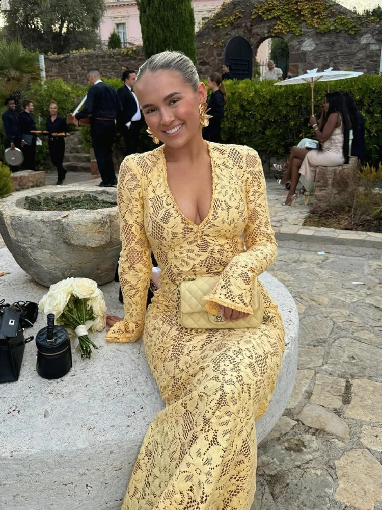 Sexy Lace See Through Mesh Deep V Maxi Dress Fashion Yellow Slim Long Sleeve Dresses Fall Lady High Street Party Robes 241119