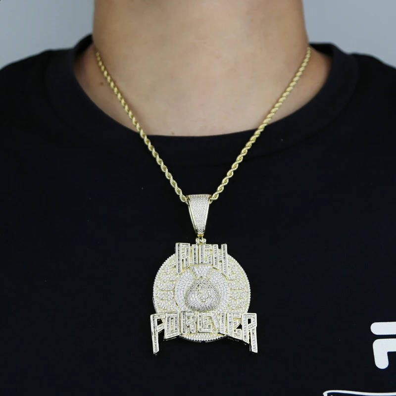 Bling Cz Letter Iced Out Prong Setting Rich Forever Pendant Necklace for Men Gold Color Hip Hop Jewelry 241120