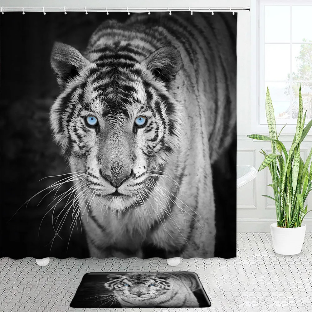 Black White Tiger Shower Curtain Set Wild Animal Gazing Modern Home Bathroom Decor Carpet Non-Slip Rug Bath Mat Toilet Lid Cover 241119