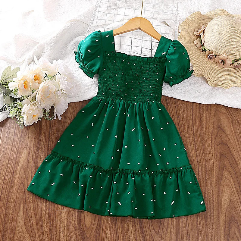 Dress Kids Girls Dark Green Cute Princess 26 Years Short Sleeve Square Collar Puff Layered 240416