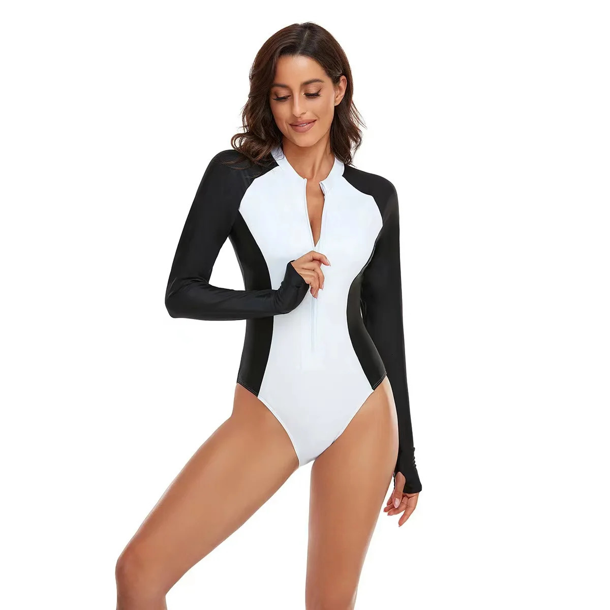 Long Sleeve Printed One Piece Swimsuit Women Surfing Suit Wetsuit Fashion Bathing Swimming Suits Zipper Swimwear Woman 240419