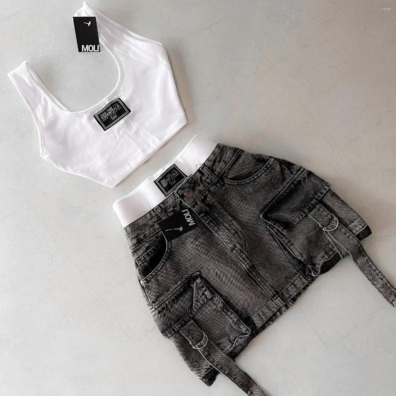 Skirts Y2k Fashion Multiple Pockets Denim Plaid Goth Black Mini Skirt Retro Haruku Womens Casual Versatile Sexy Streetwear