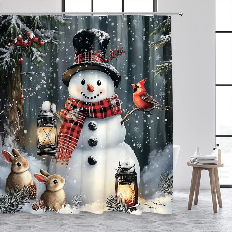 Christmas Snowman Shower Curtains Red Bird Berry Rabbit Winter Forest Snowflake Year Home Bathroom Curtain Decor With Hooks 241119