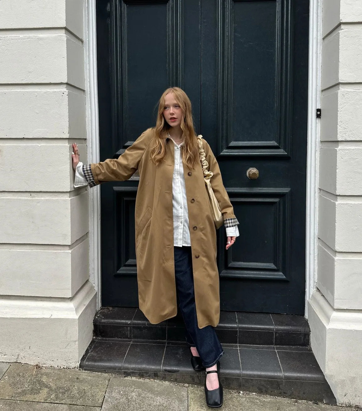 Elegant Plaid Lapel Long Windbreaker Women Fashion Single Breasted Loose Trench Coat 2024 Autumn High Street Lady Outwear Jacket 241119