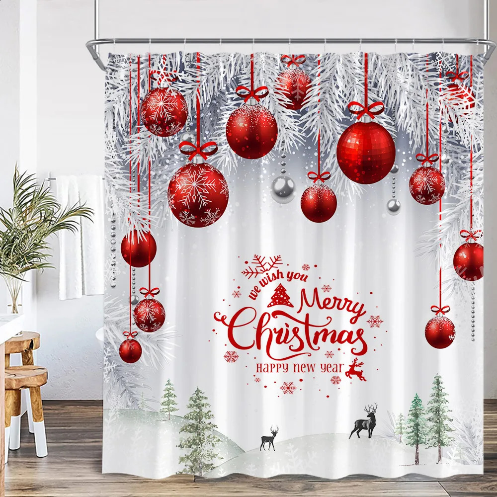 Chritsmas Shower Curtain Red Silvery Ball Xmas Balls Snowflake Pine Leaves Merry Christmas Winter Polyestert Bath Curtain Decor 241119