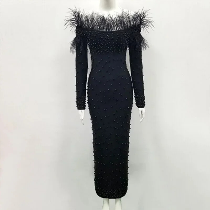 Evening Sexly Fashion Women Long Dress Cocktail Party Elegant Slim Fit Feather AnkleLength Hip Wrapped Dresses 241119