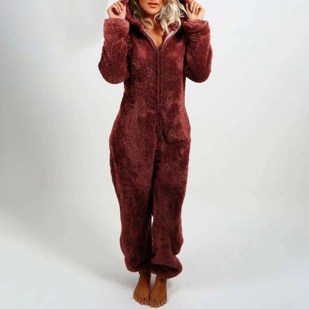 2024 Style European and American Autumn and Winter Velvet Thickened Furry Jumpsuit Hooded Pajamas for Women 22 Colors 241119