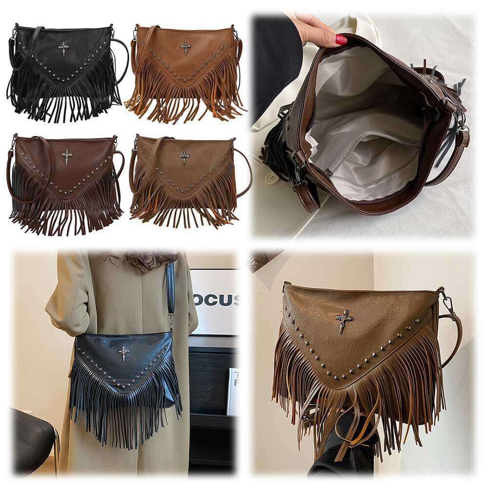 Women PU Rivet Fringe Large Capacity Vintage Small Handbag Adjustable Strap Tassel Hobo Bag for Party Vacation