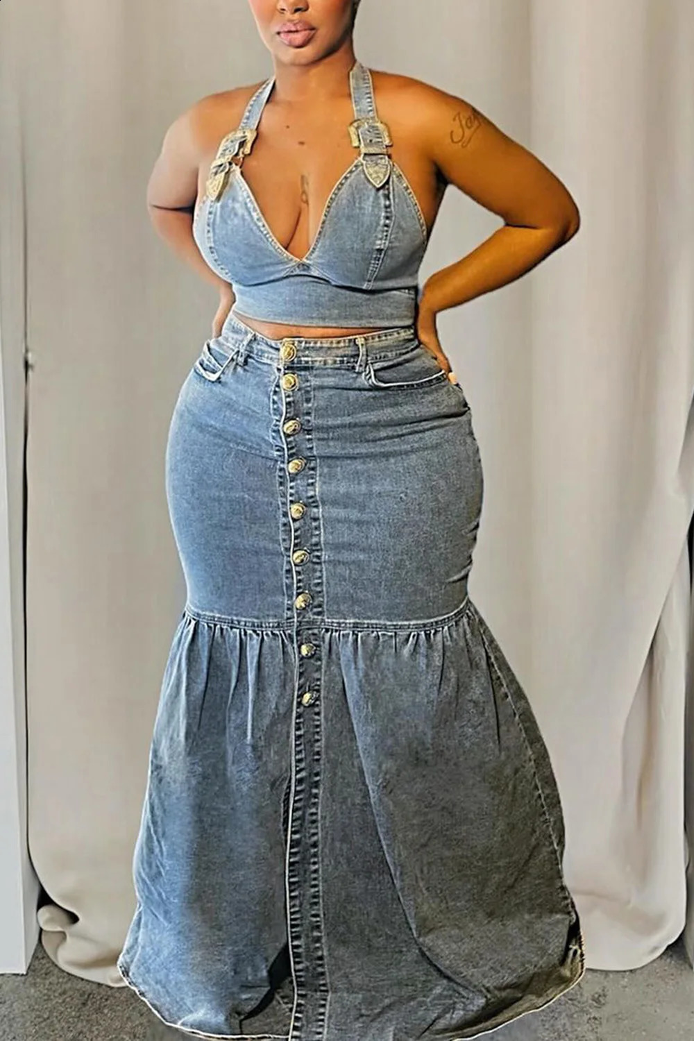 Plus Size Party Blue V-neck Denim Two Piece Ski Set 241118
