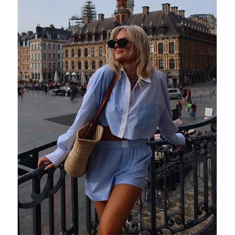 TRAF Womens Shorts Sets Fashion Patchwork Striped Shirts Elastic Waist Suits Female Streetwear Woman 2 Piece 240418