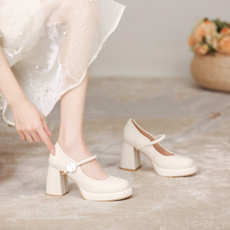 Dress Classic Mid heeled boat Designer shoe Belt buckle Thick heel high heels Tassels Round head Metal Button women shoes Large Eur36-42