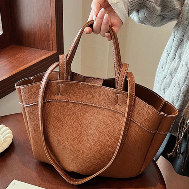 2025 NEW Drawstring Commuter Large Capacity Handbag High-grade Basket Bag Simple Versatile Brown Women's Double Straps Shoulder zhanyishengli