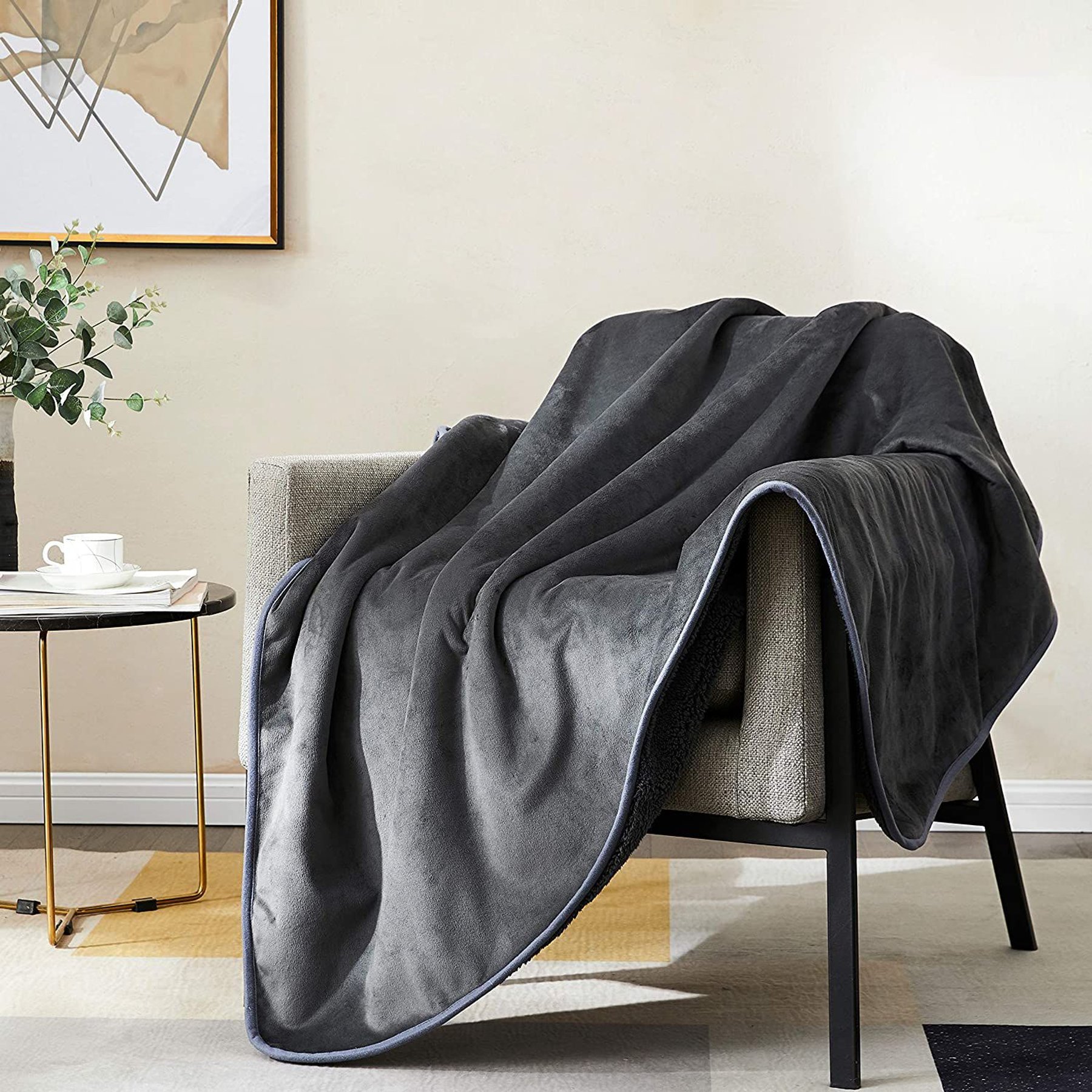 Allisandro Extra Soft Micro Fleece with Sherpa Triple Layer Tech Waterproof Cat & Dog Blanket, Dark Grey