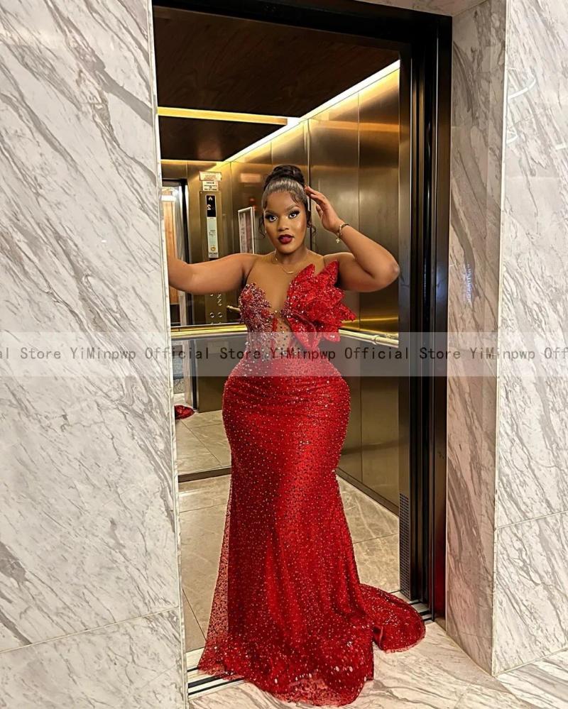 Party Dresses Red Mermaid Evening Sheer Neck Sequined Beading 3D Floral Aso Ebi Wedding Gowns Award Celebrity Dress