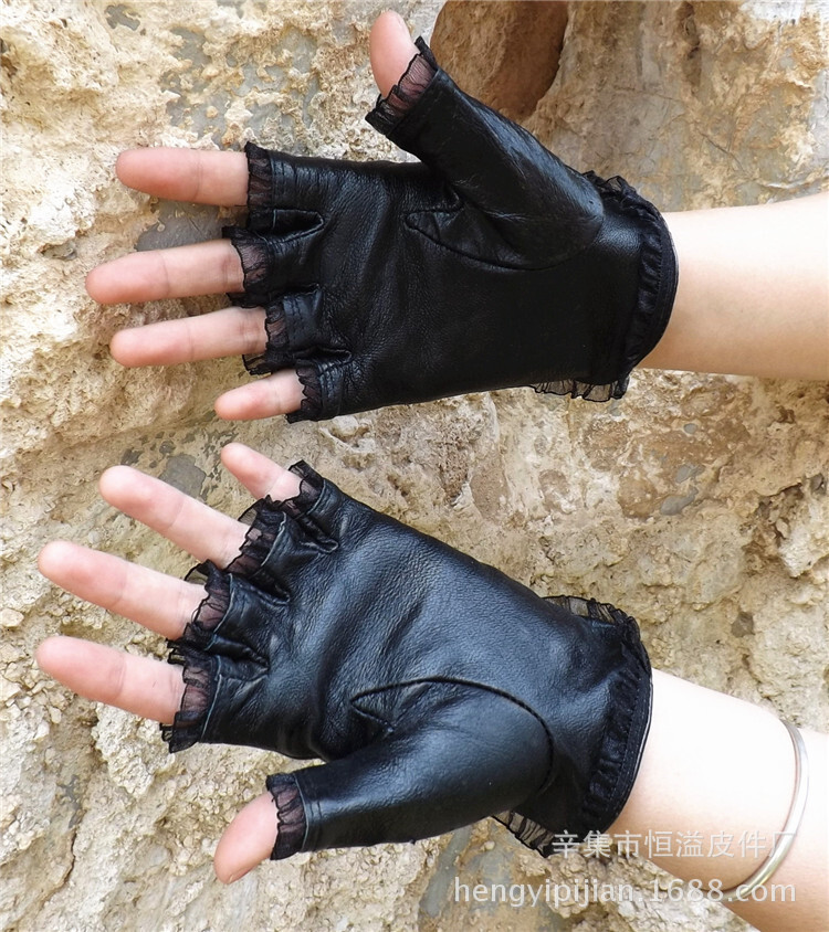 women's full sheepskin finger lace strap leather Fashion dance half cut performance gloves